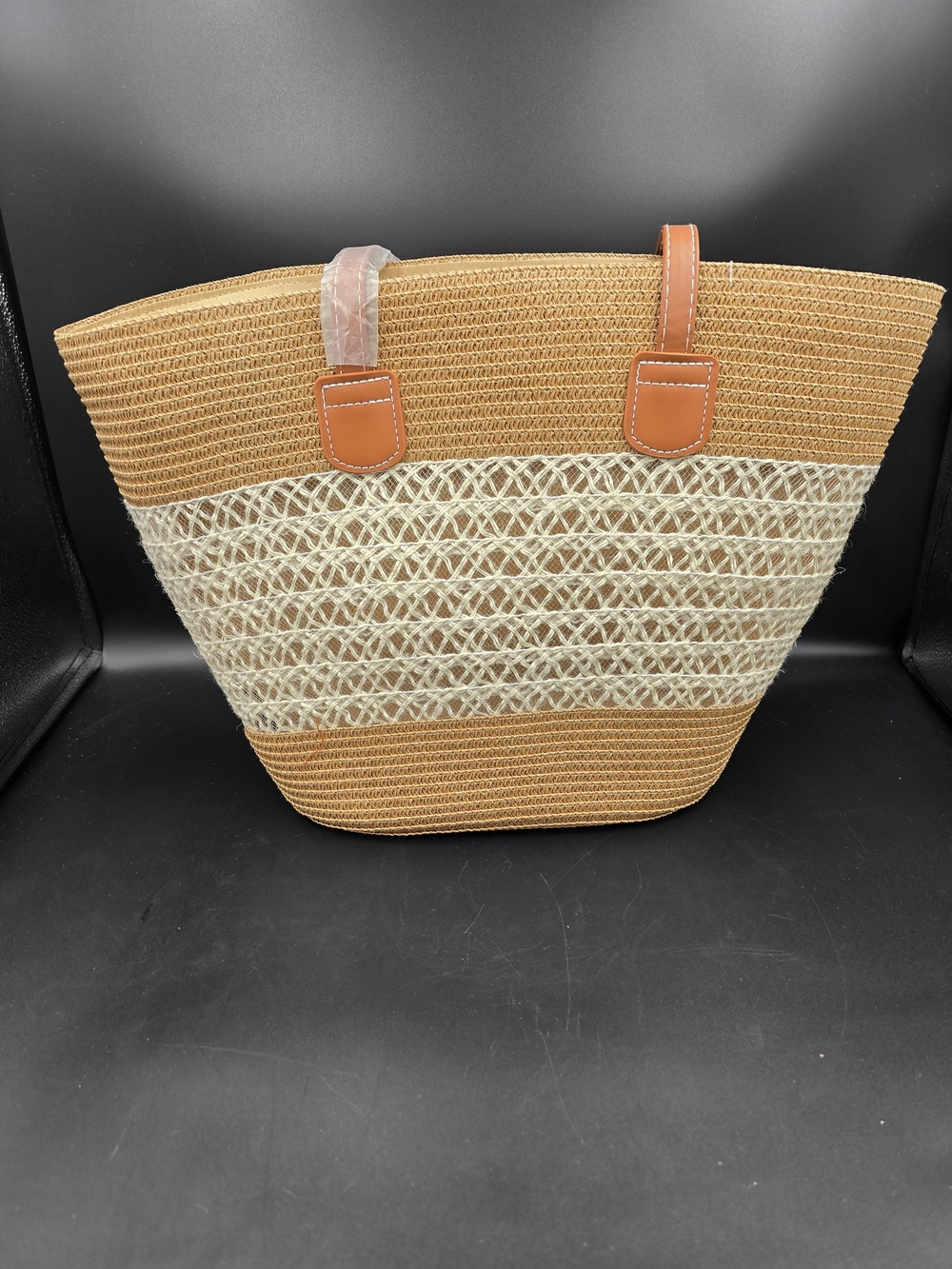 Braided Straw Shoulder Tote Bag in Tan and Cream - Picture 3 of 8